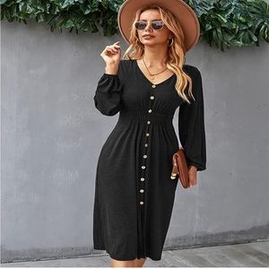 Long sleeve black casual midi dress